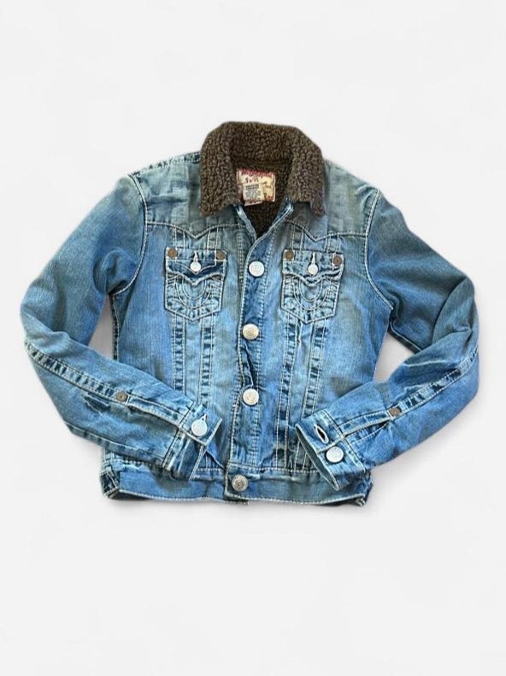 True Religion Light Blue Denim Jacket with Brown Sherpa lining cotton fitted